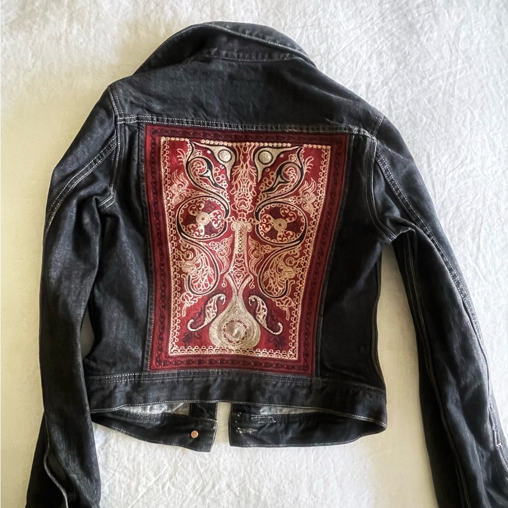 Lucky Brand Black and Red Jean Jacket with Ornate Back Design